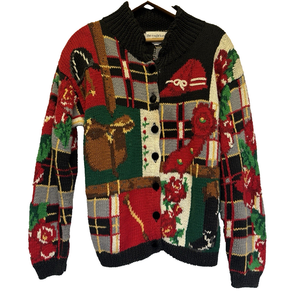 VTG 90s Eagles Eye‎ Womens Hand Knit Christmas Sweater Cardigan Size M Patchwork